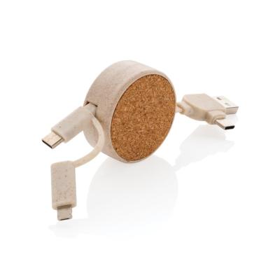 Câble rétractable 4 en 1 en liège et fibre de paille - 100 cm