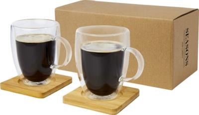 Tasse 2 pièces Seasons de 350 ml à double paroi en verre avec sous-verre en bambou