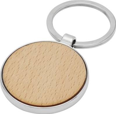 Porte-clés rond en bois de hêtre avec habillage métallique